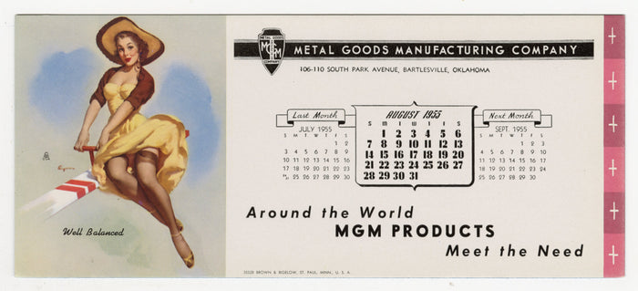 1955 August Vintage, Unused Gil Elvgren "Well Balanced" Pinup Advertising Blotter