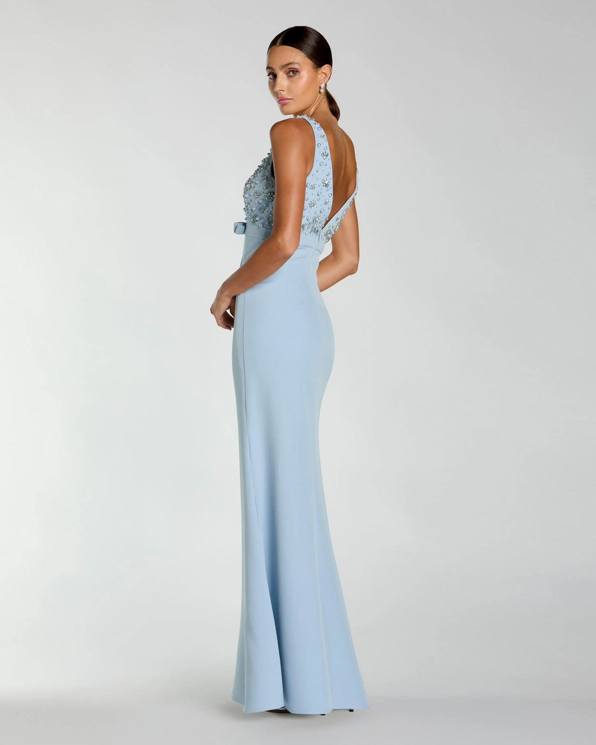 Blue Sleeveless Embellished Crepe Gown With Bow