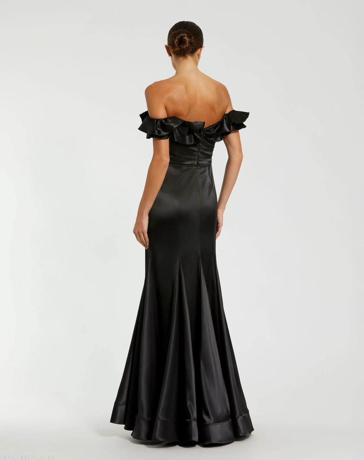 Black Satin Ruffle Off the Shoulder Mermaid Gown