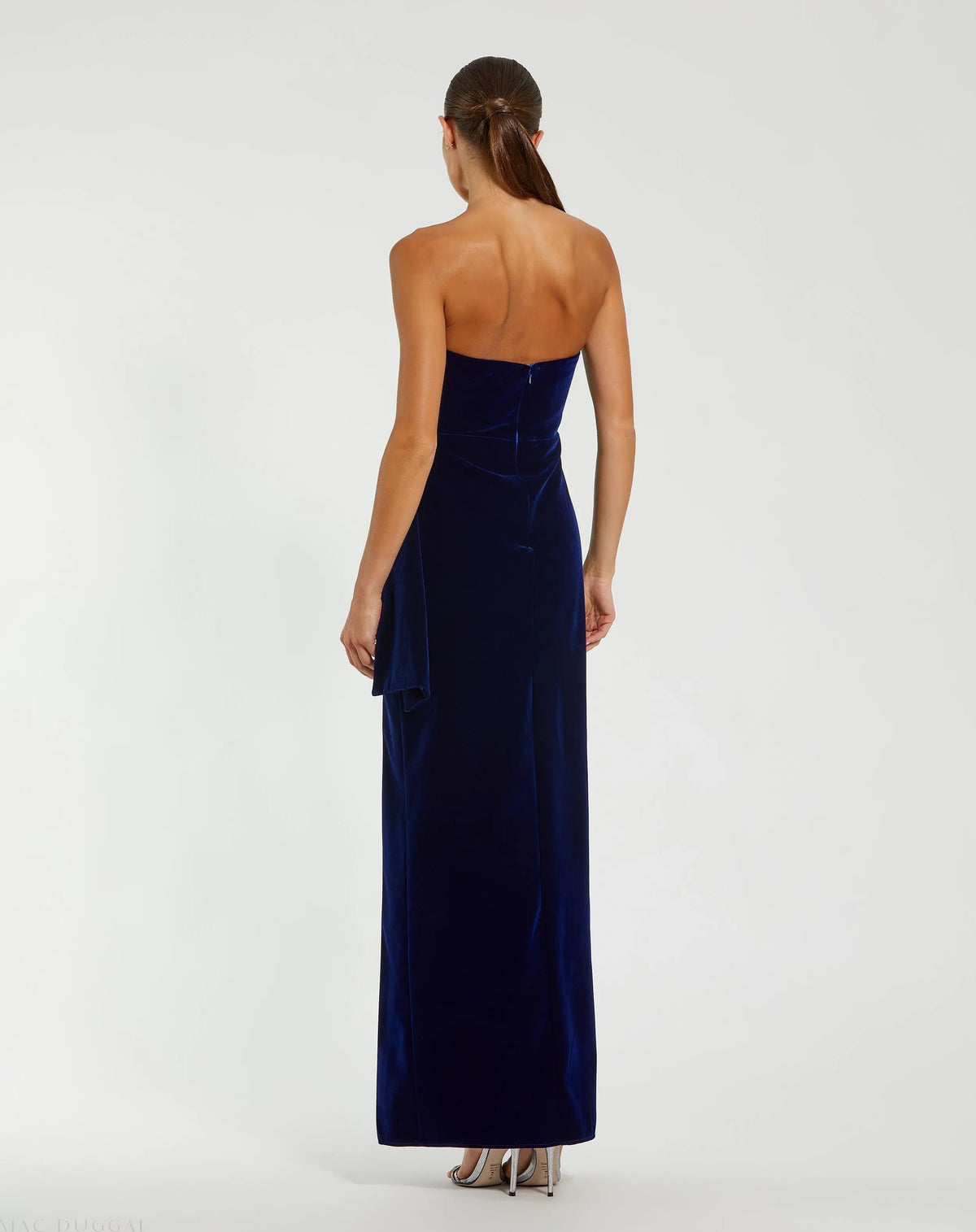 Blue Strapless High Slit Draped Velvet Gown