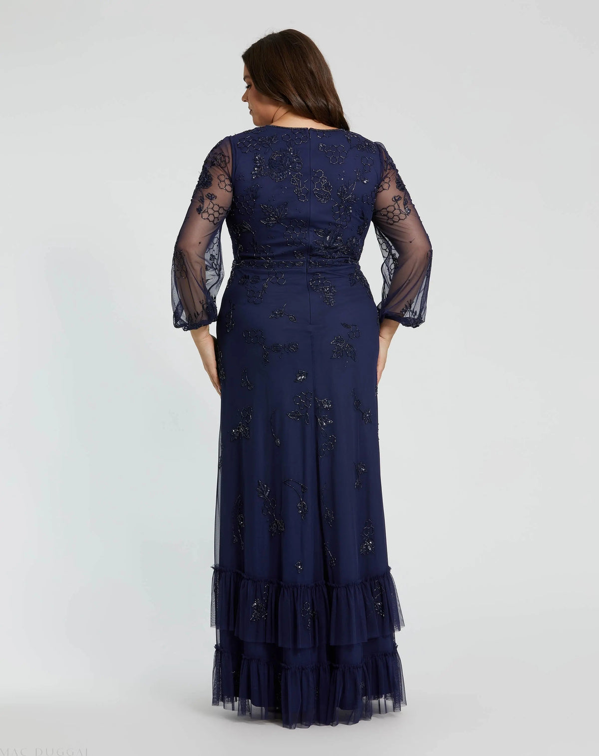 Navy Puff Sleeve V-Neck Tiered Embellished Gown (Plus)