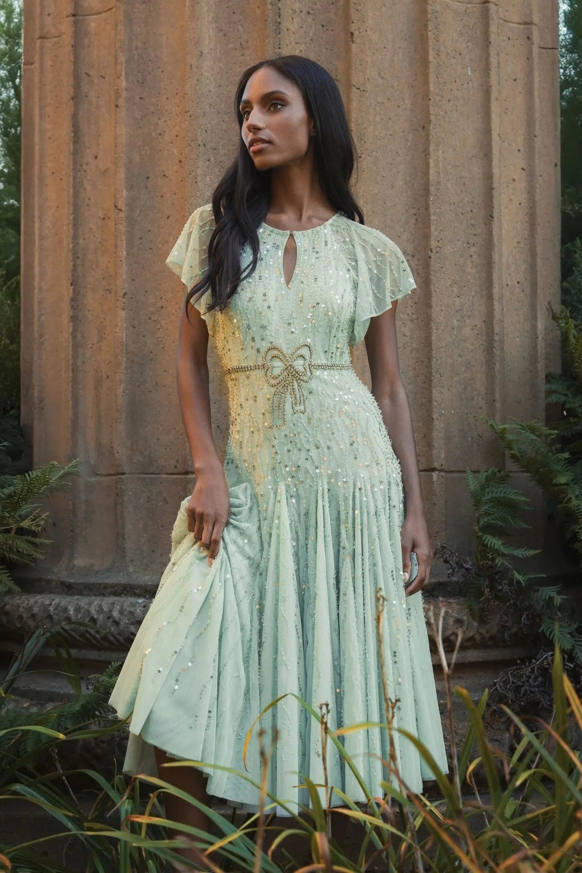 Green Embellished Bow Flutter Sleeve A Line Midi Dress