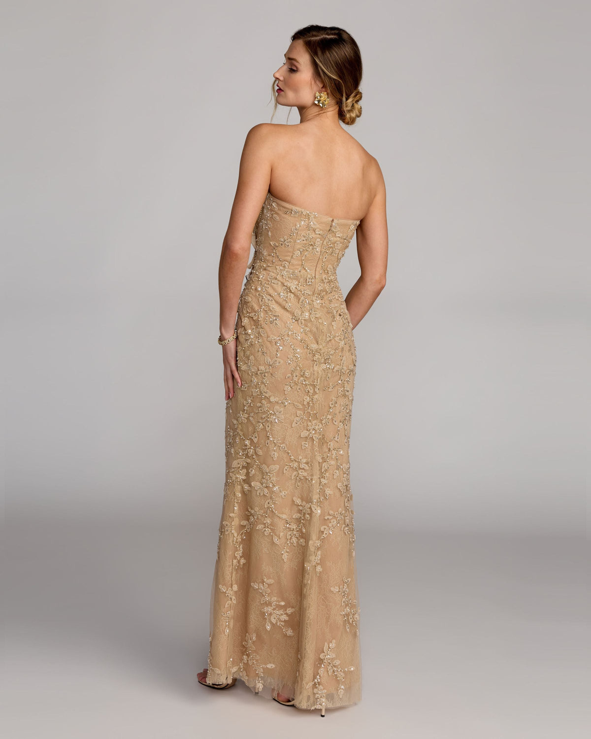 Petite Beige Strapless Embellished Lace Gown with 3D Flower