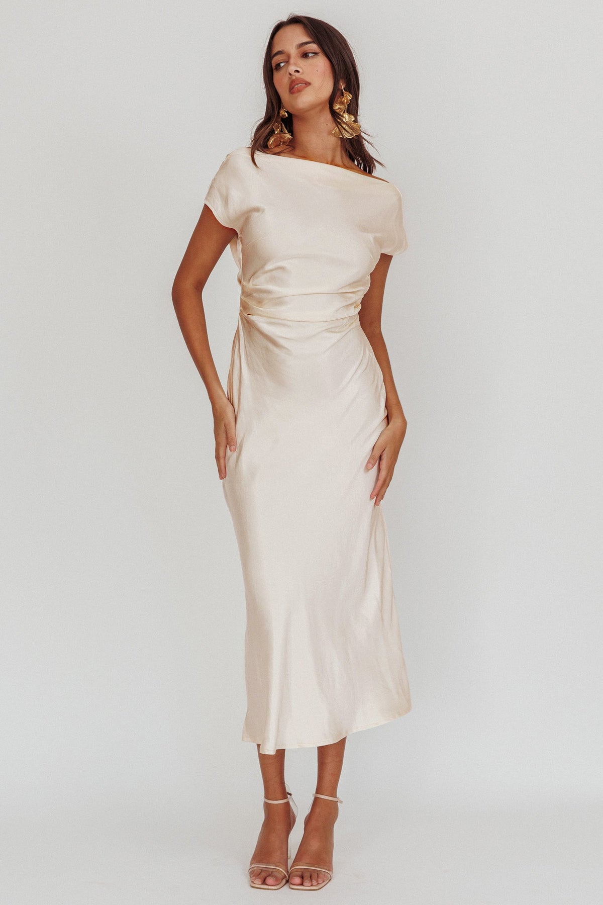 Loveland Cap Sleeve Cowl Back Midi Dress Oyster