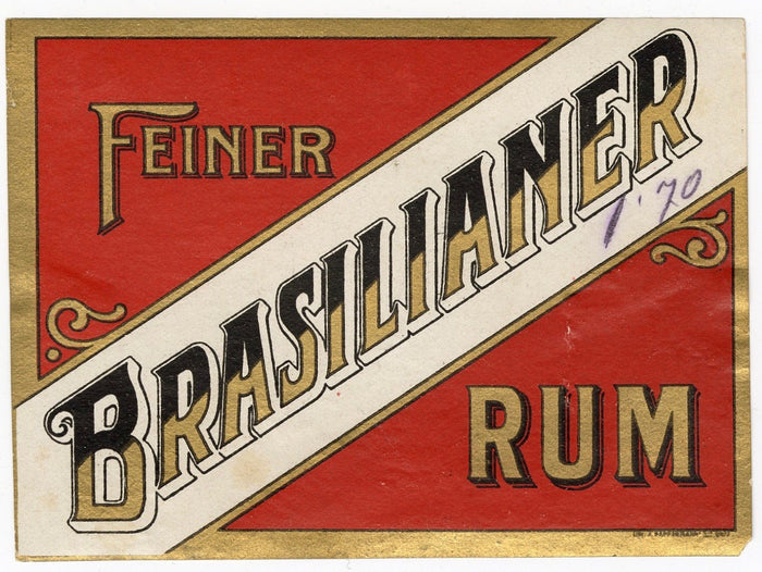 Antique, Unused FEINER BRASILIANER RUM LABEL, Brazil, Tiki
