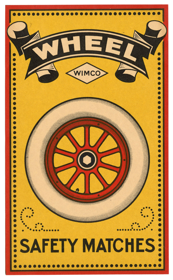 Antique, Unused WHEEL SAFETY MATCH CRATE LABEL, Wimco, Yellow