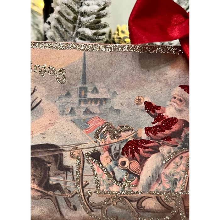 Closeup of Santa in Sleigh Wood Postcard Ornament