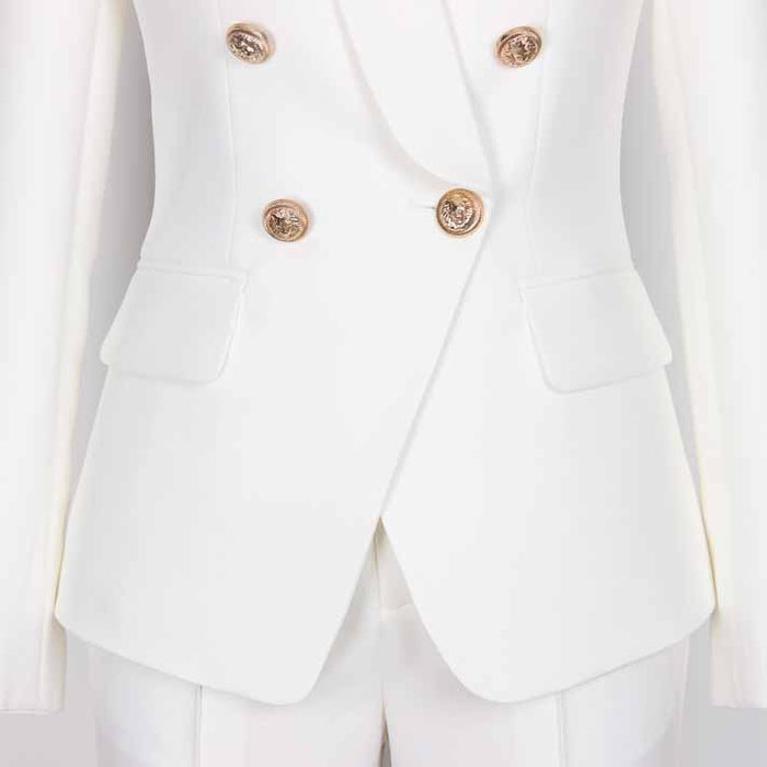 Women's Belted Pant Suit White Double Beasted Two Piece Business Set