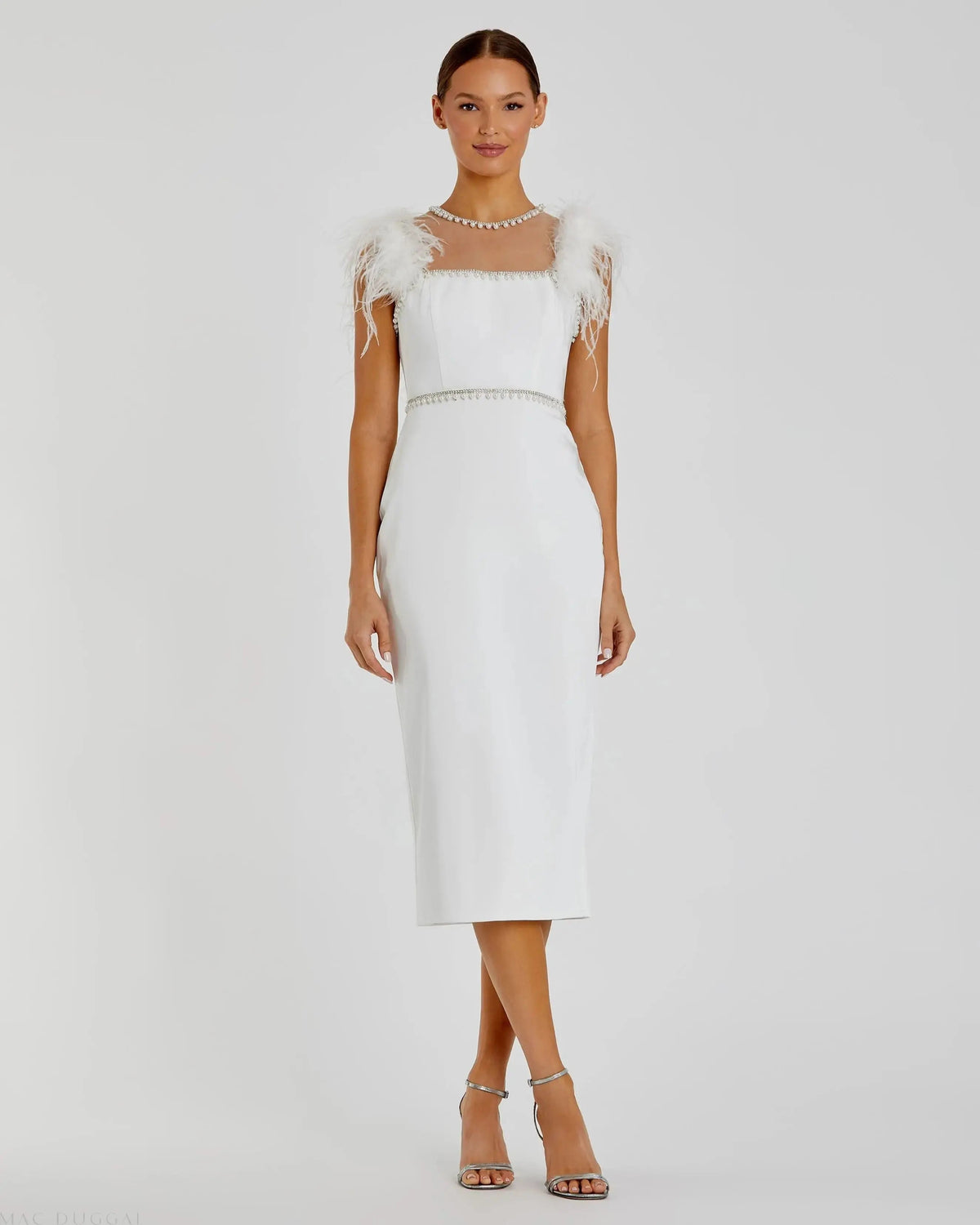 Feather Cap Sleeve Pearl Embellished Tea-length Dress