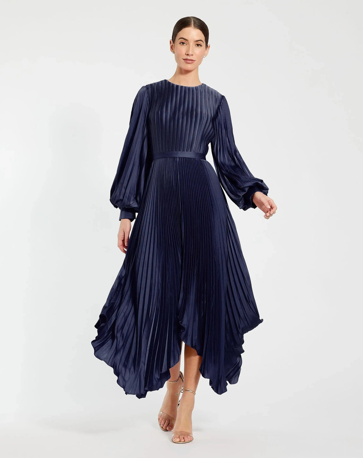 Navy Long Sleeve Pleated Charmeuse Handkerchief Dress