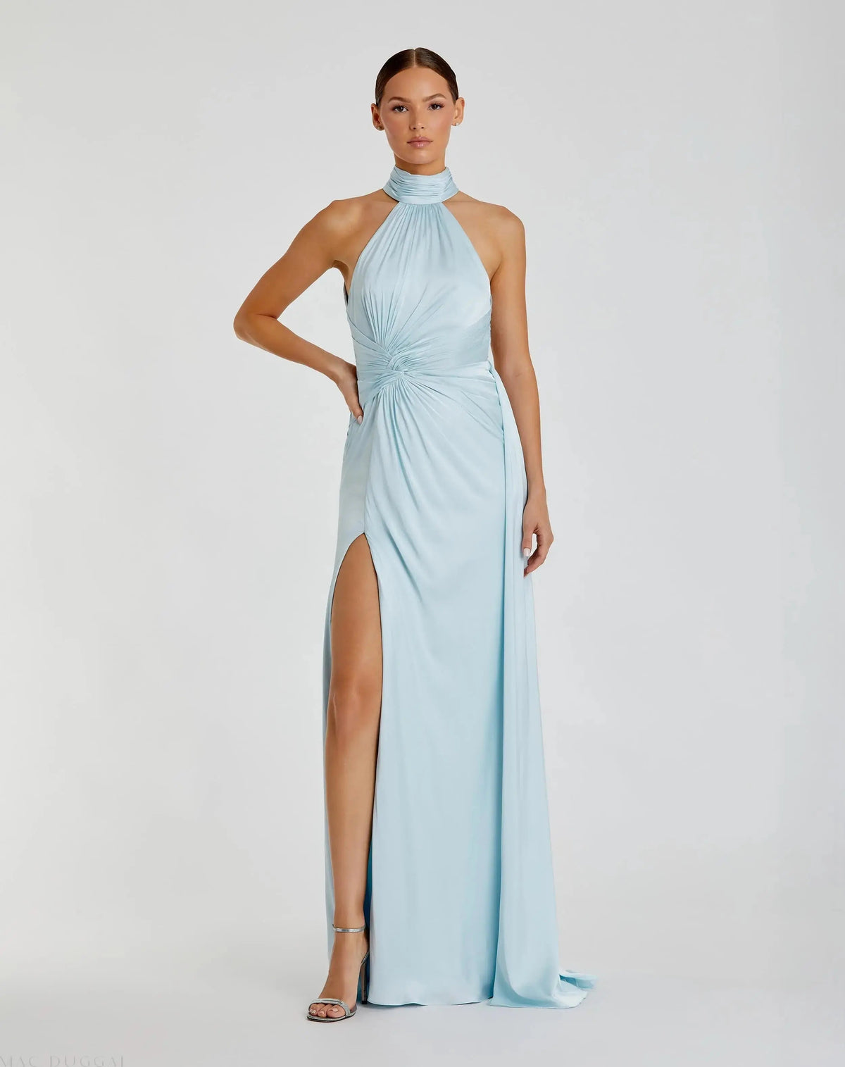 Open Back High Neck Side Ruched Gown