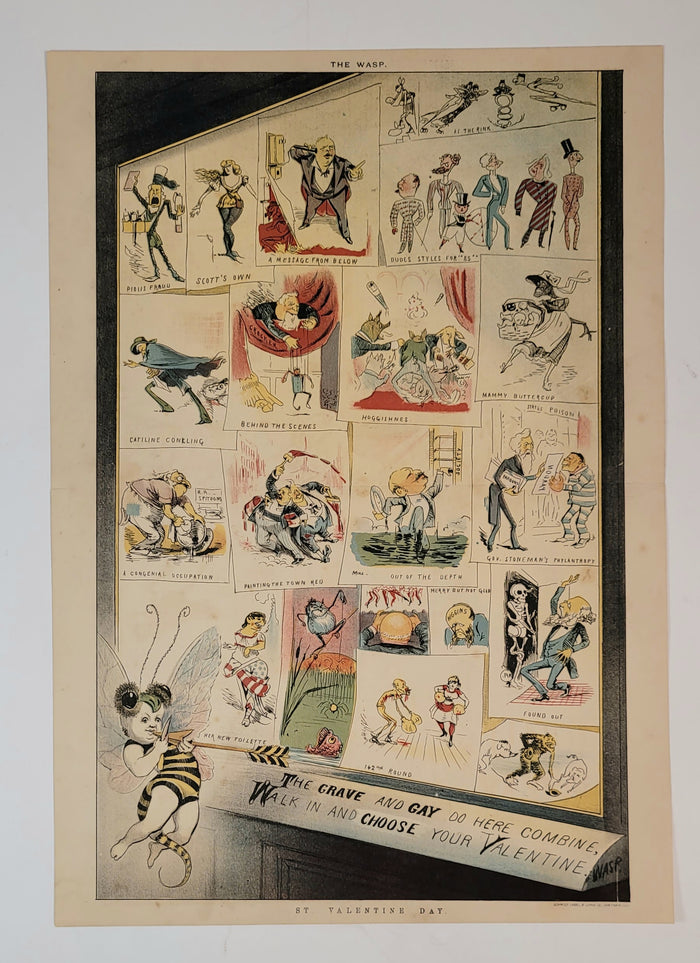 1885 Antique, Original WASP MAGAZINE VALENTINE'S DAY Two Page Satirical Print