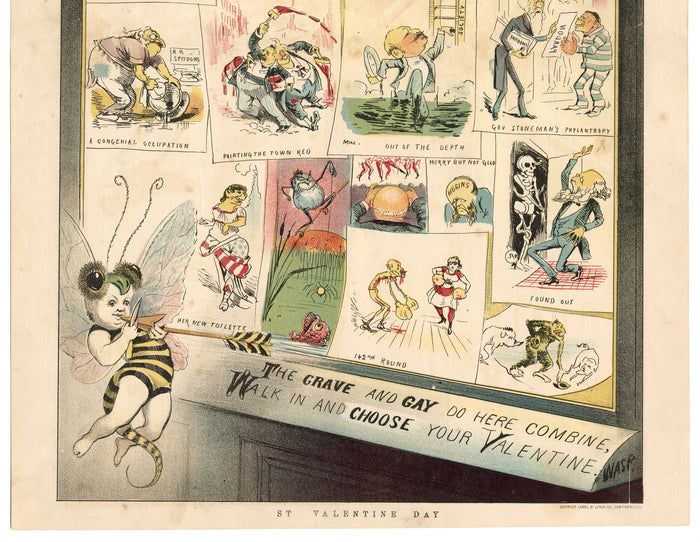 1885 Antique, Original WASP MAGAZINE VALENTINE'S DAY Two Page Satirical Print