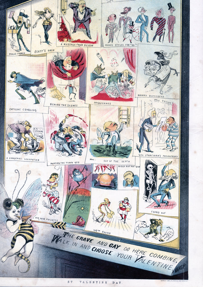 1885 Antique, Original WASP MAGAZINE VALENTINE'S DAY Two Page Satirical Print