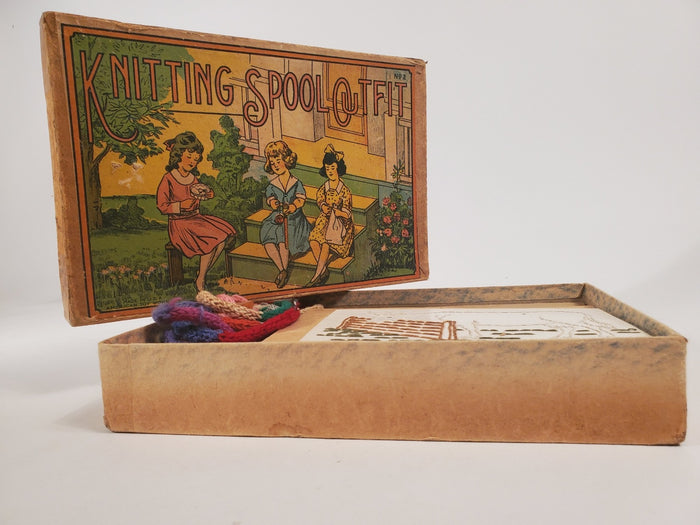 1920's Antique KNITTING SPOOL OUTFIT Children's Game, Nearly Complete
