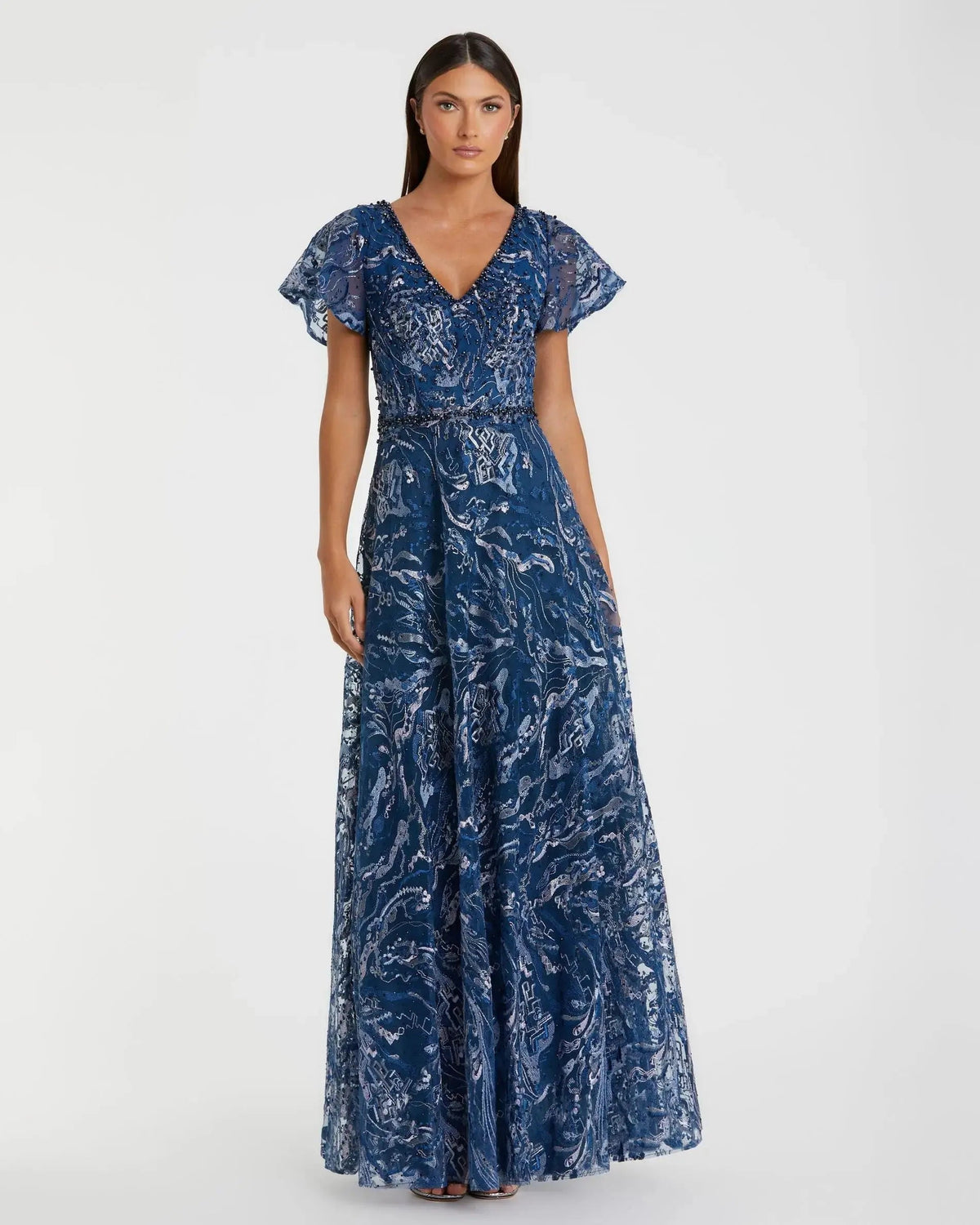 Embellished Illusion Butterfly Sleeve A-Line Gown