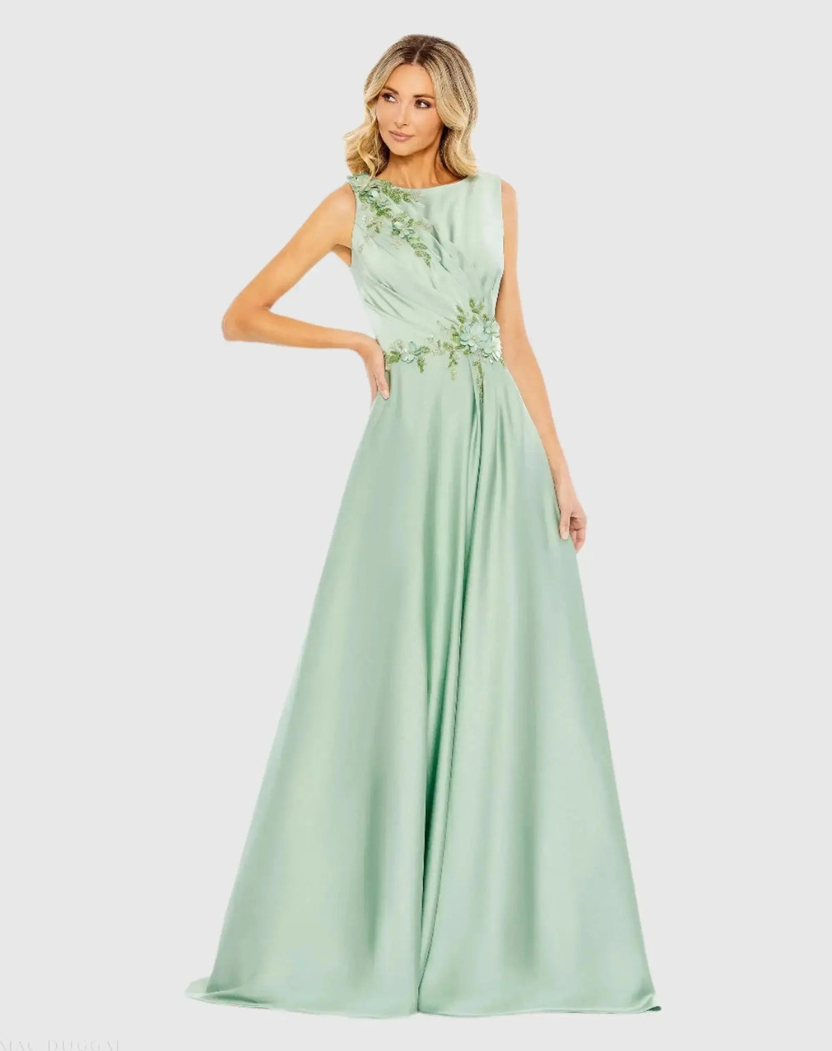 Green Floral Applique Sleeveless A Line Gown