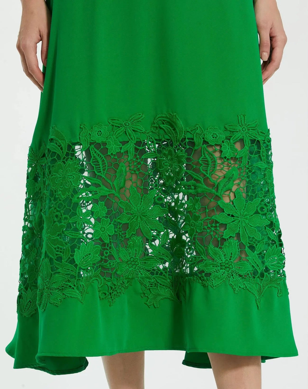 Green Crepe Boat Neck Midi Dress With Applique Cut Out