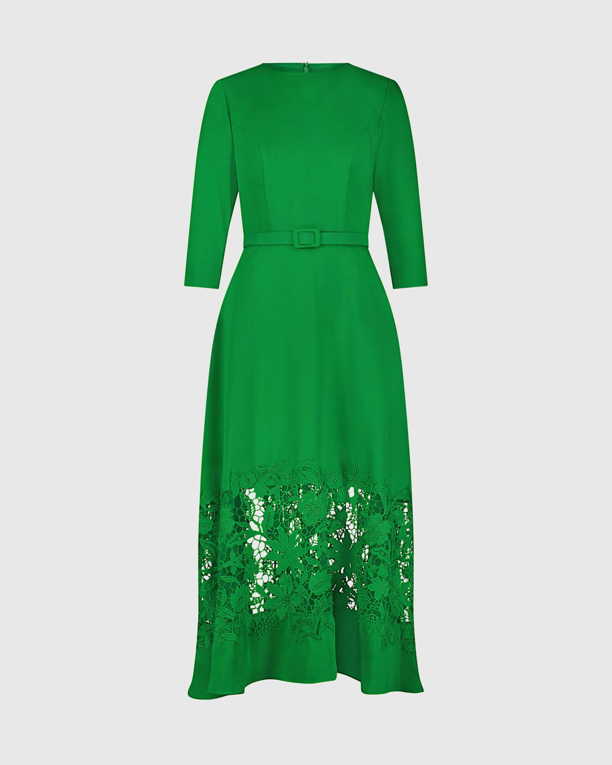 Green Crepe Boat Neck Midi Dress With Applique Cut Out
