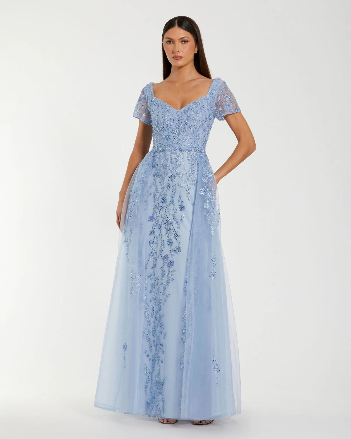 Blue Embroidered Beaded A-Line Gown with Overskirt