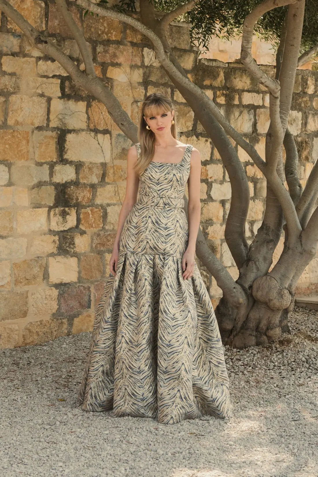 Gold Metallic Jacquard Gown with Square Neckline and Box Pleats