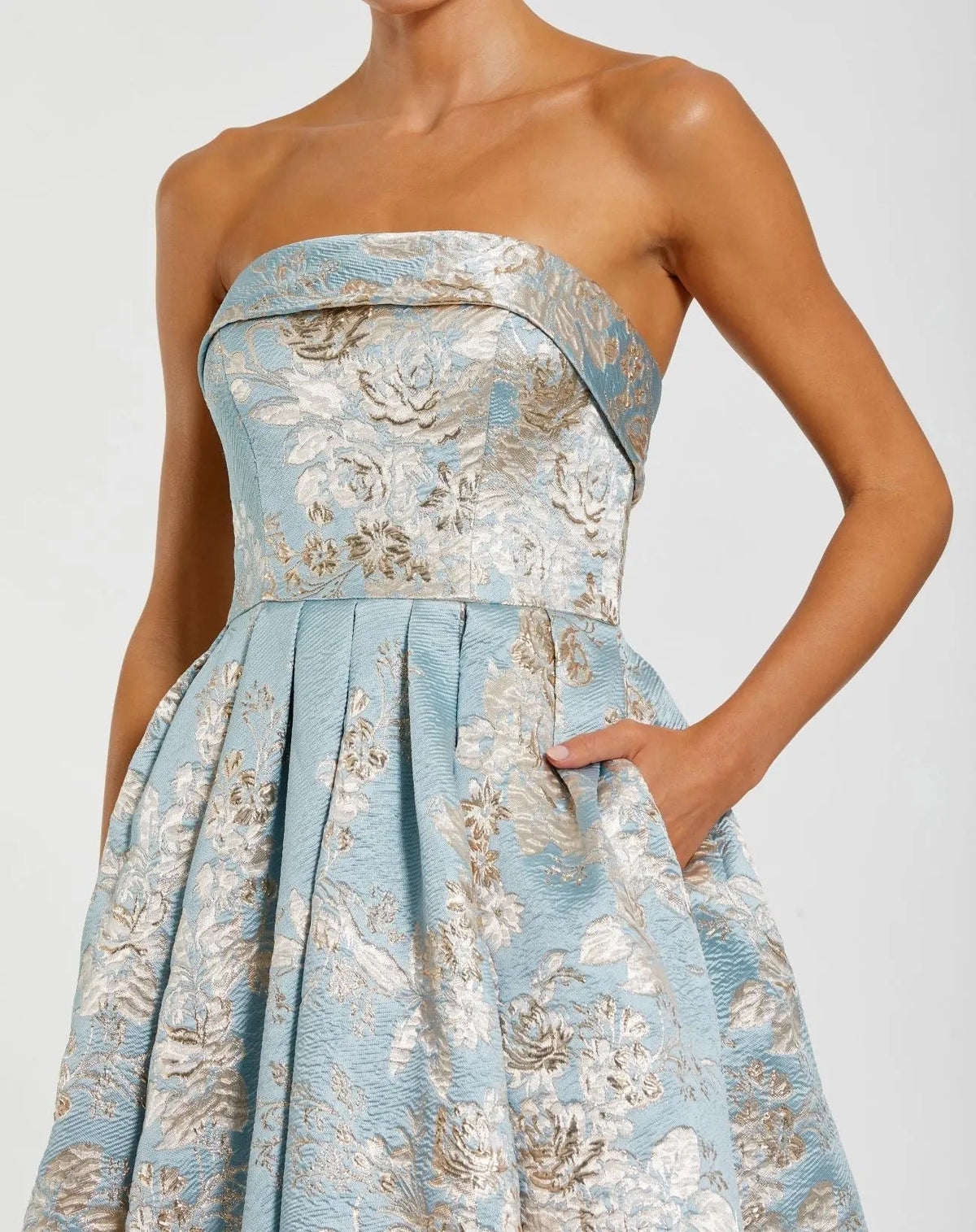 Blue Strapless Brocade Ball Gown with Pockets