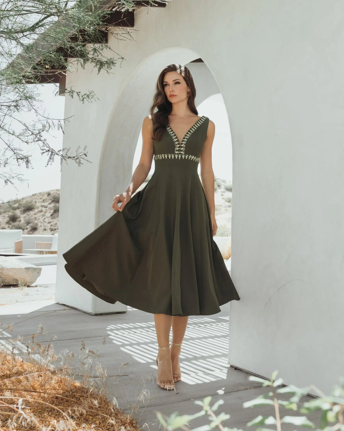 Green Rhinestone Embellished Crepe A Line Midi Dress