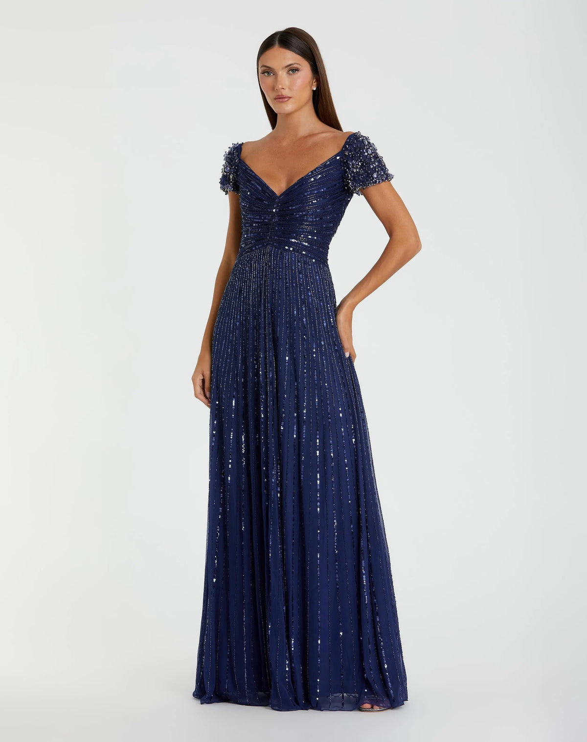 Navy Sequined Evening Gown With Embellished Shoulders
