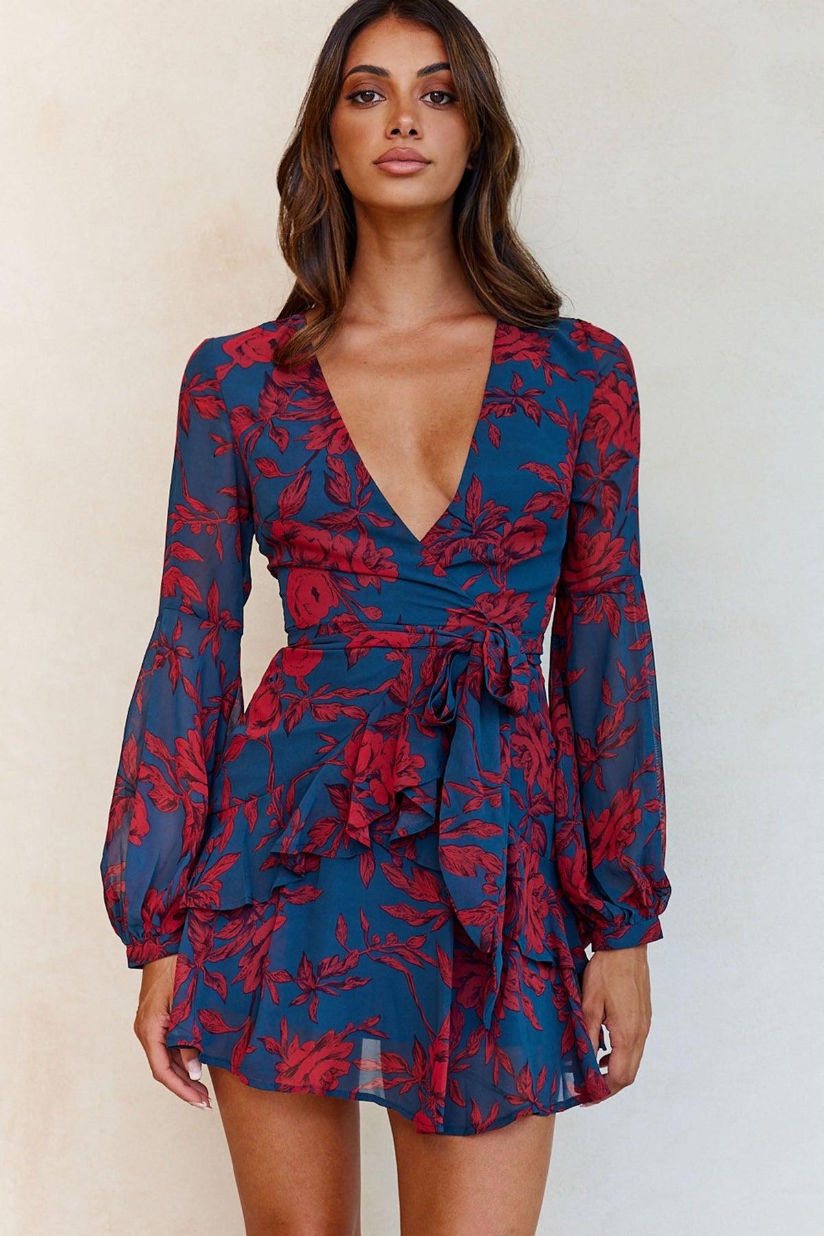 Kerry Layered Balloon Sleeve Dress Forest Green/Red