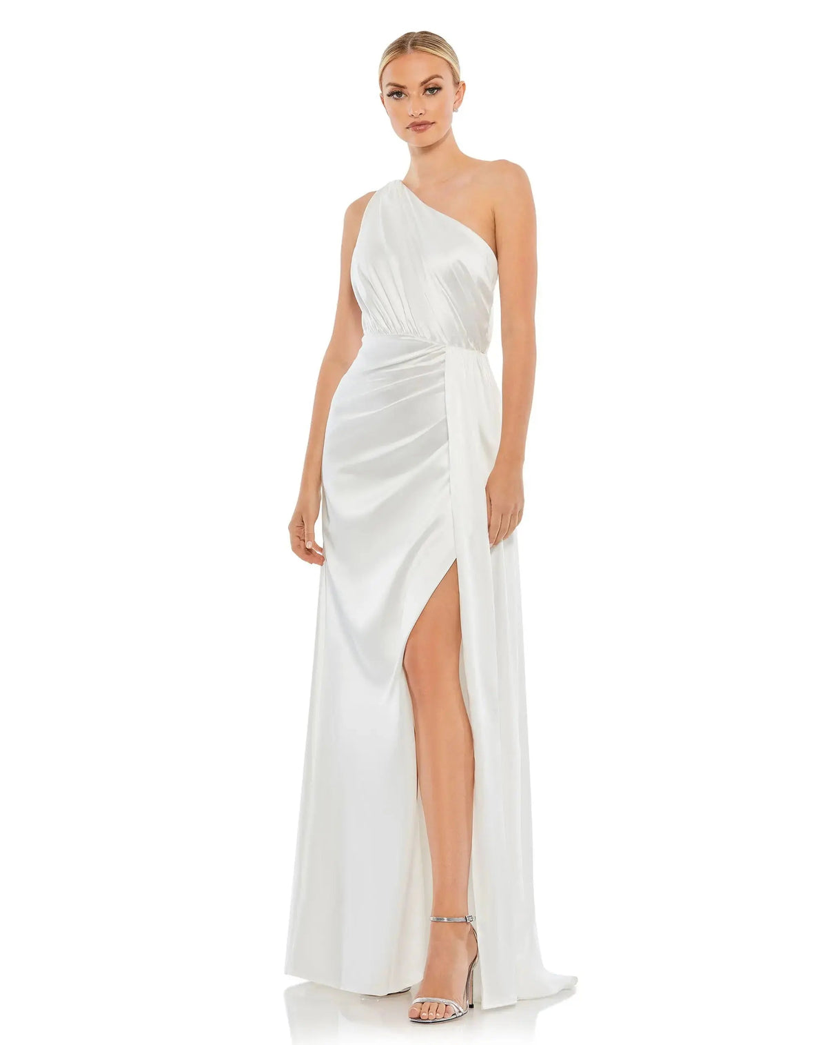 Gathered One Shoulder Satin Faux Wrap Gown
