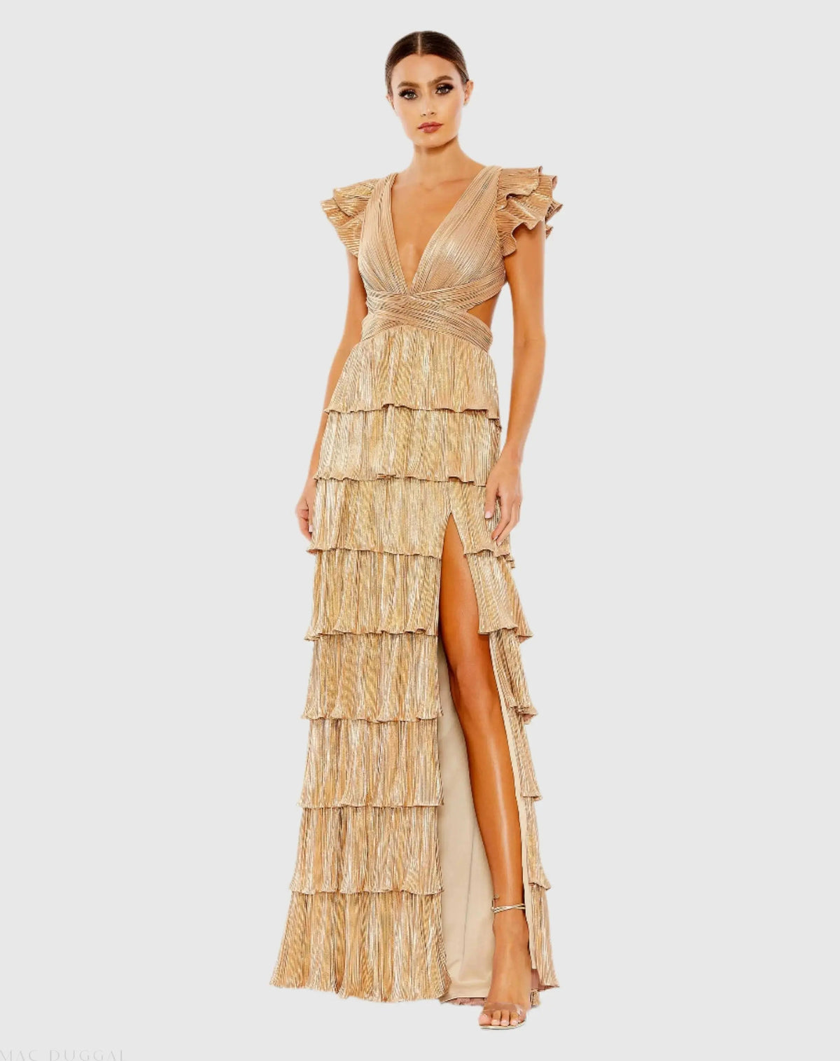 Gold Ruffle Tiered Criss Cross Lace Up Gown