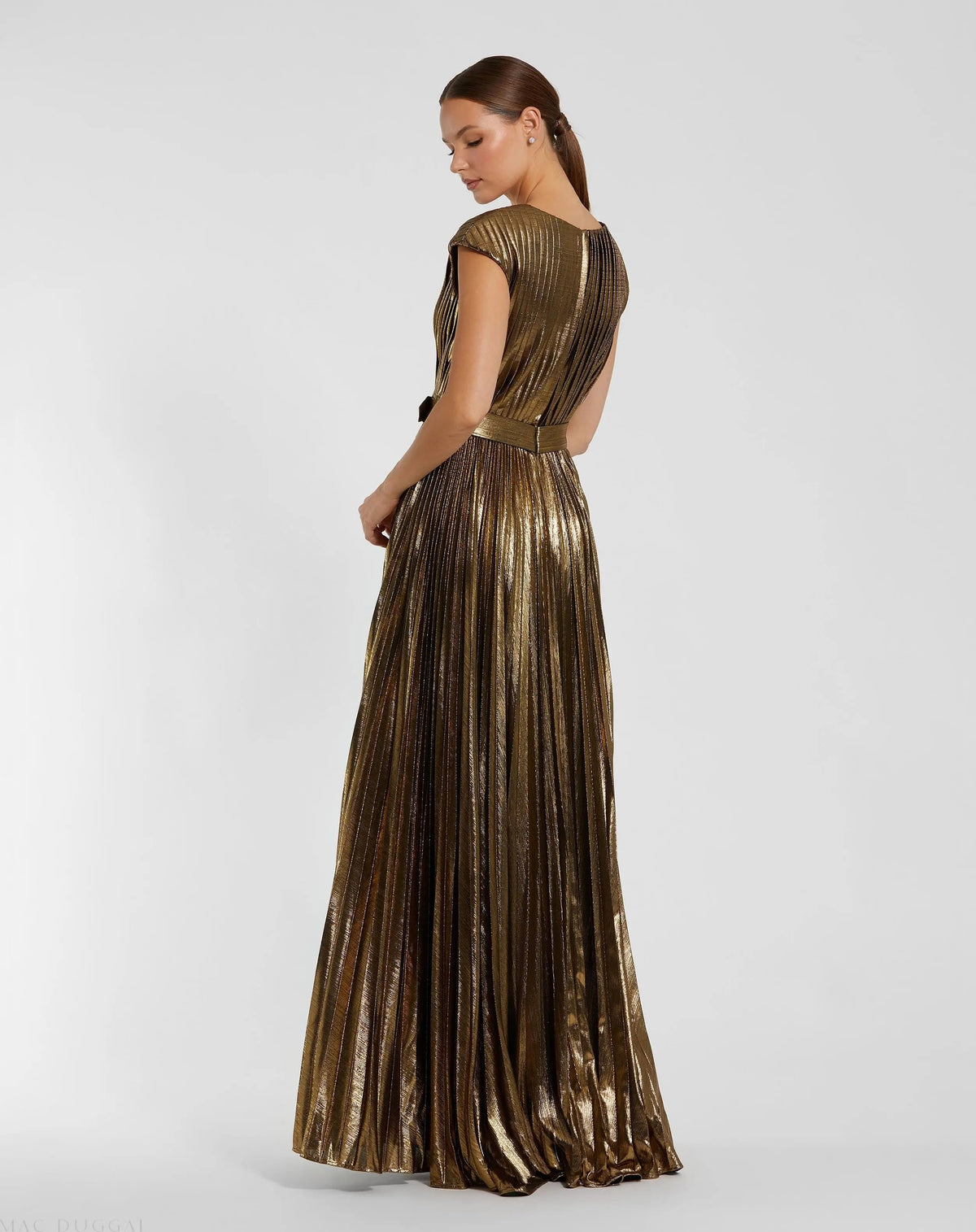 Gold Pleated Metallic Jersey Gown With Belt