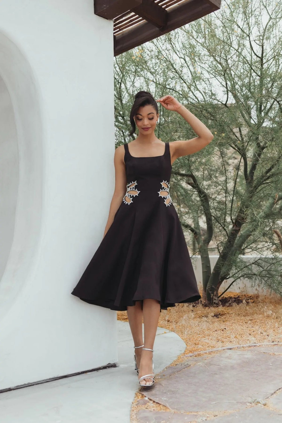 Black Sleeveless Crepe Rhinestone Cutout Midi Dress