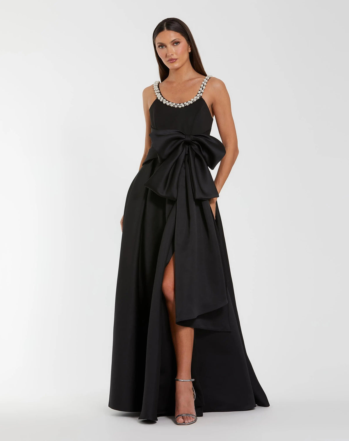 Black Satin Gown With Pearl Neckline and Bow Detail