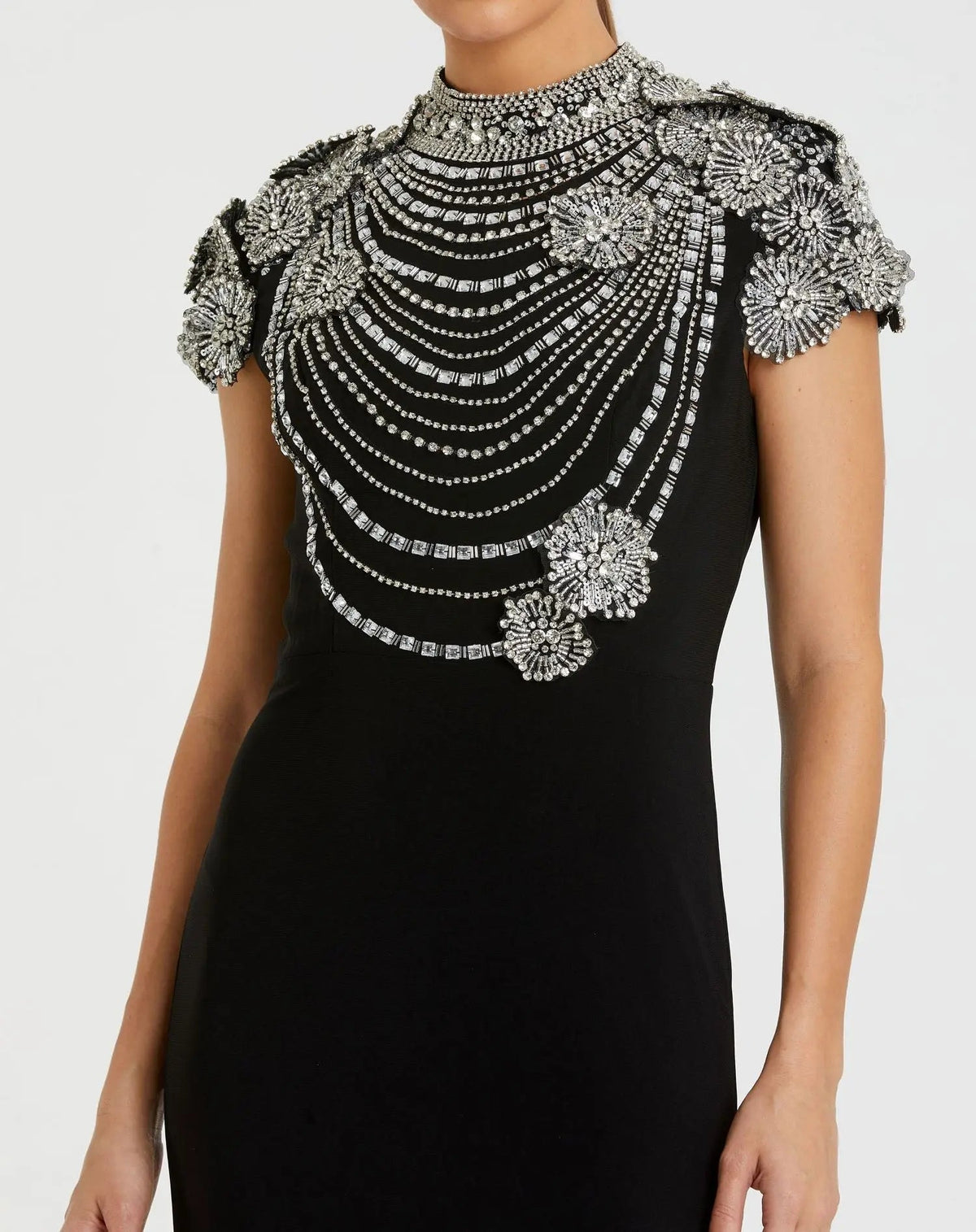Black High Neck Embellished Column Gown