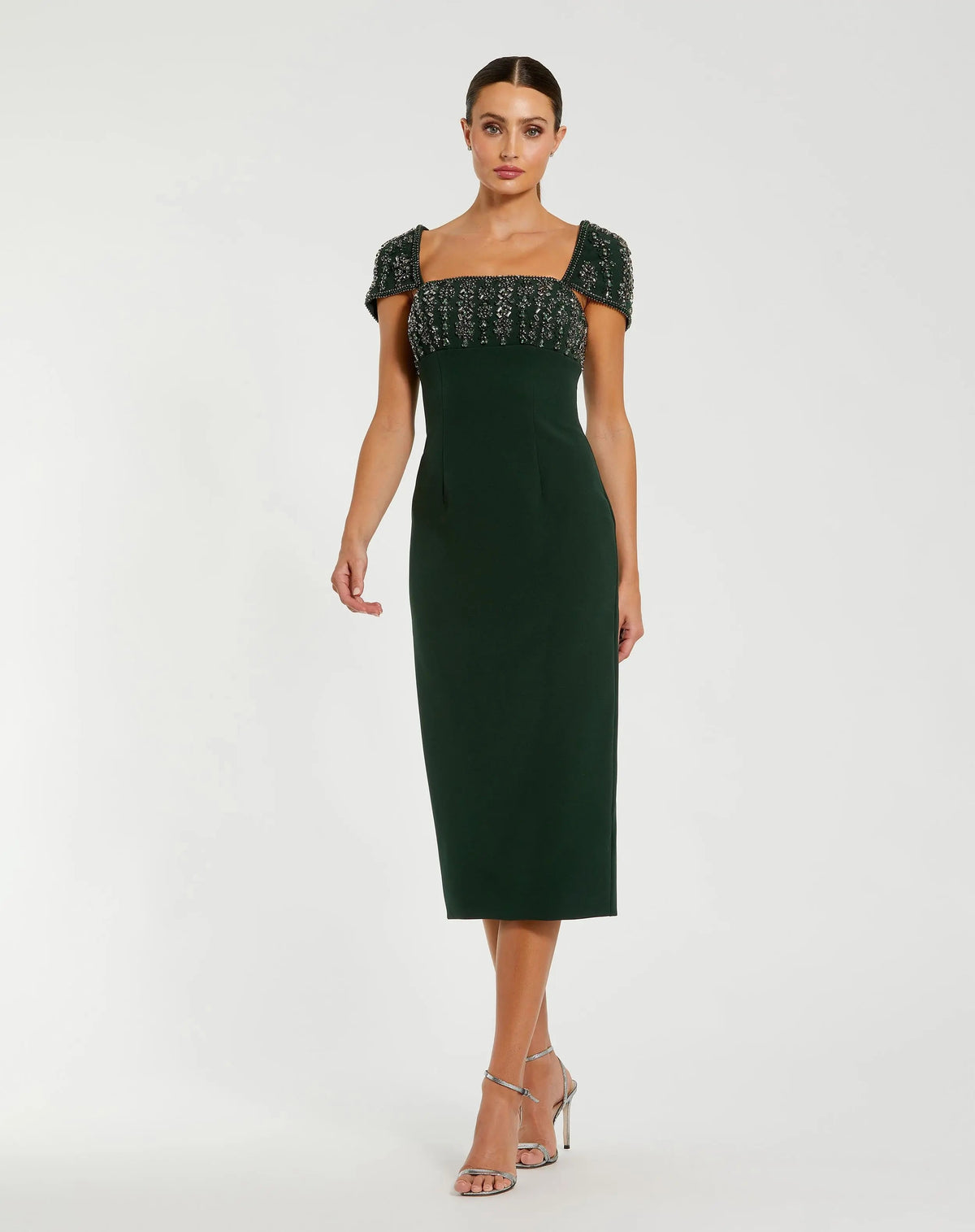 Green Embellished Cap Sleeve Crepe Midi Dress