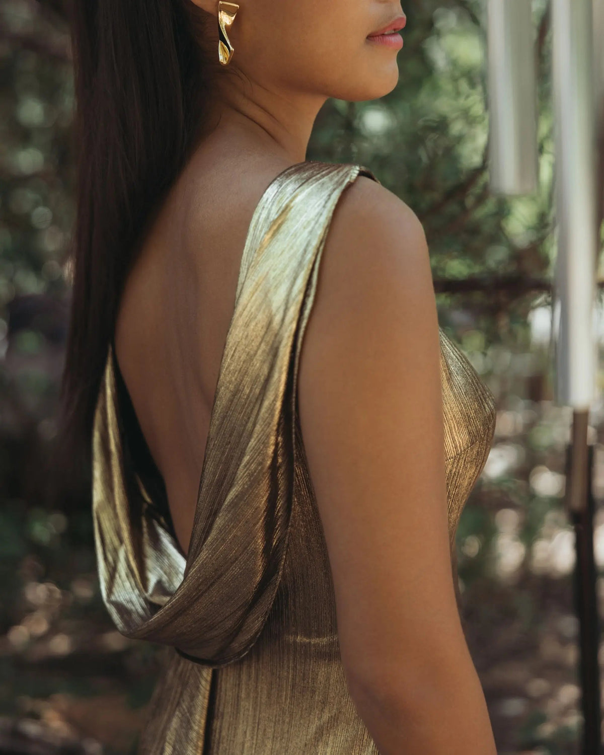 Gold Metallic Jersey Cowl Back Column Gown