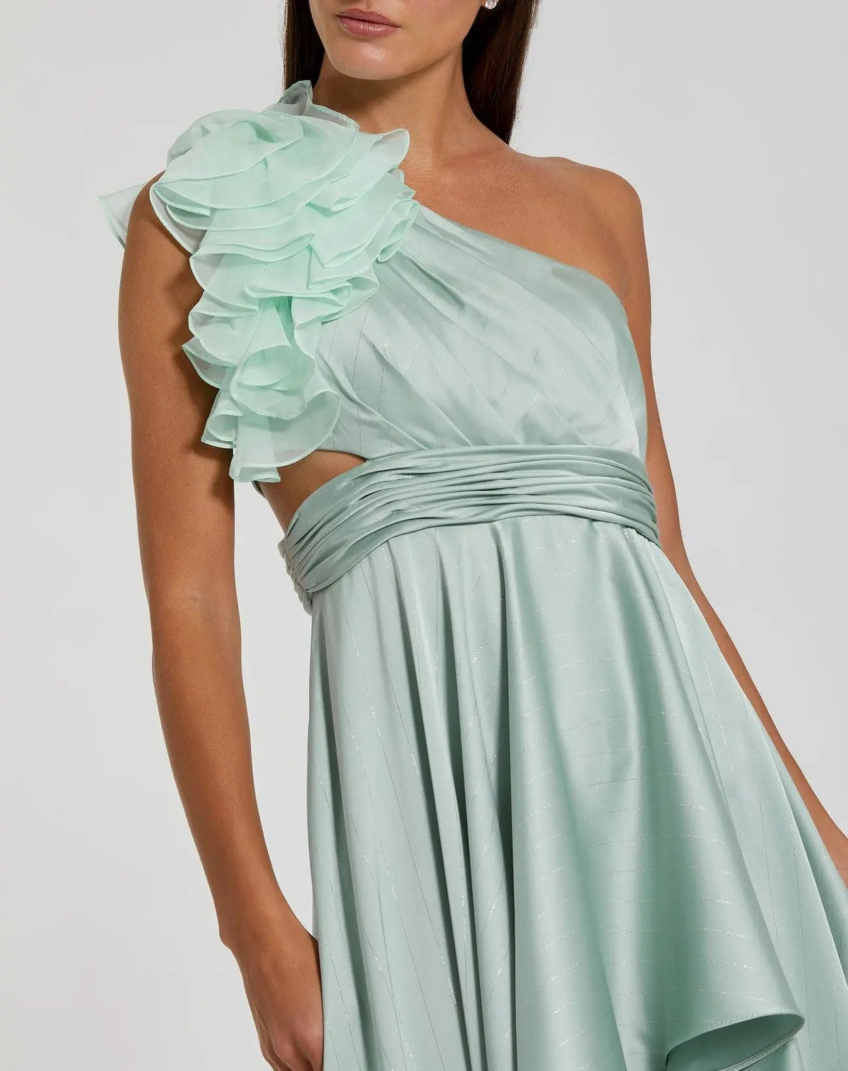 Green Ruffled One Shoulder Cut Out Hi-Low Gown