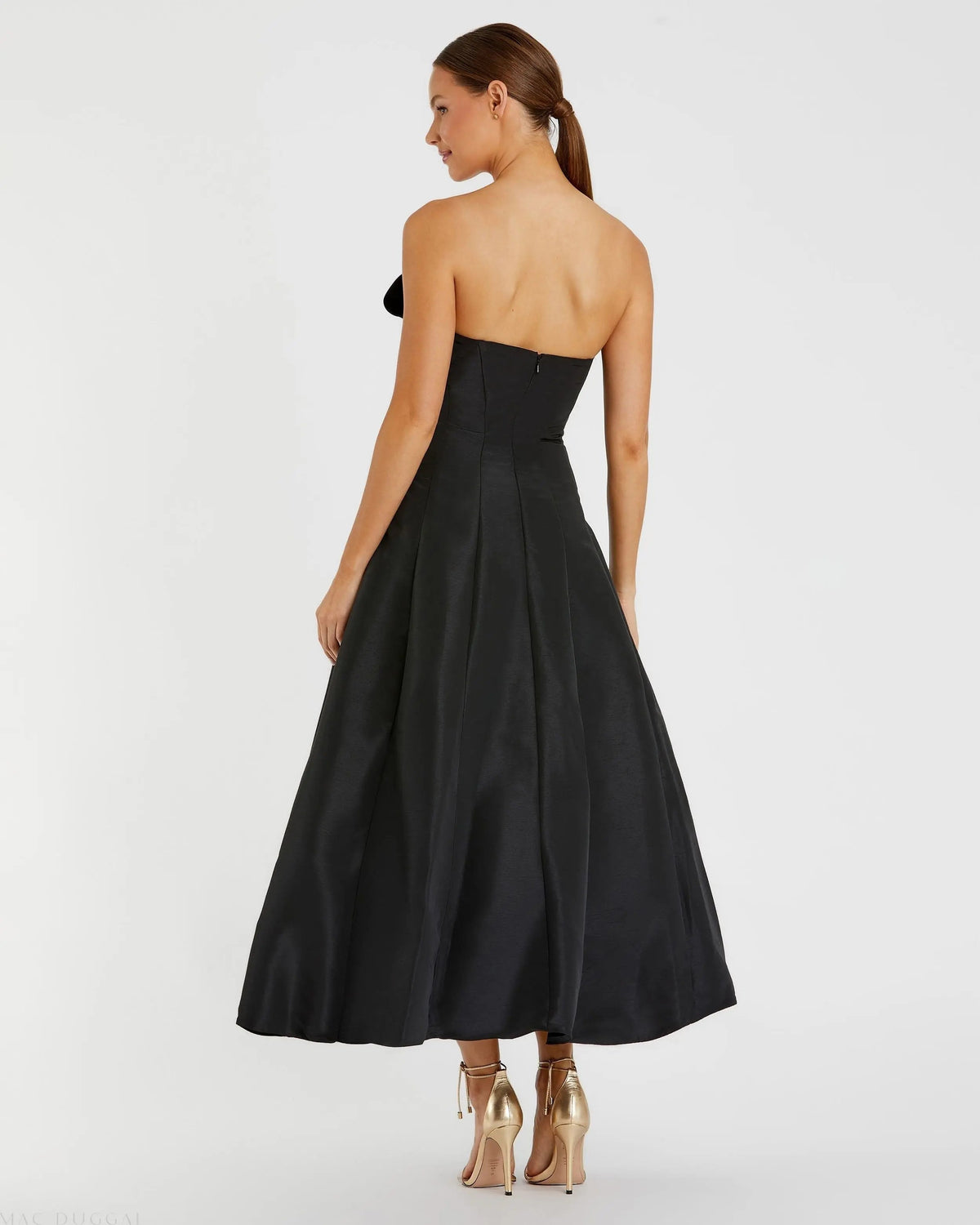 Black Strapless A-Line Tea Length Statement Bow Dress