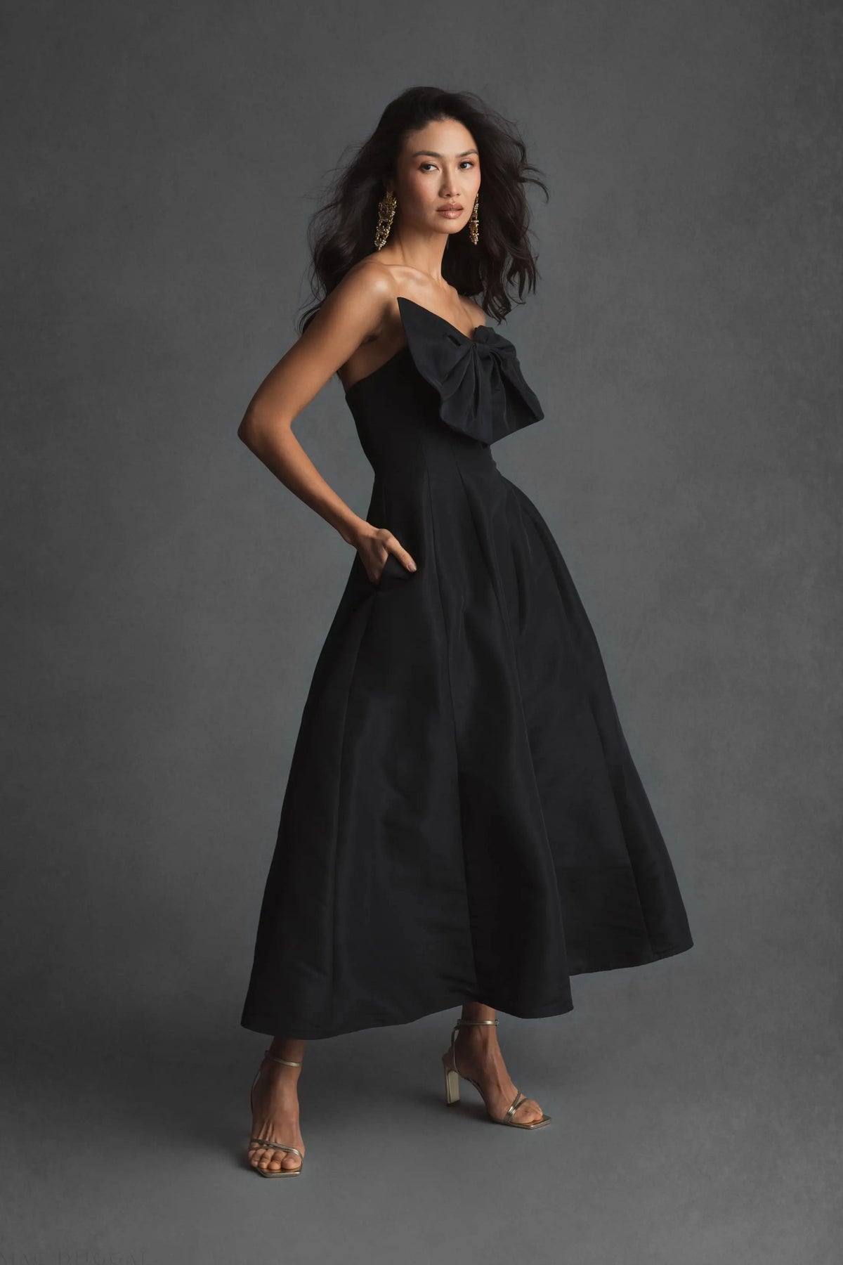 Black Strapless A-Line Tea Length Statement Bow Dress