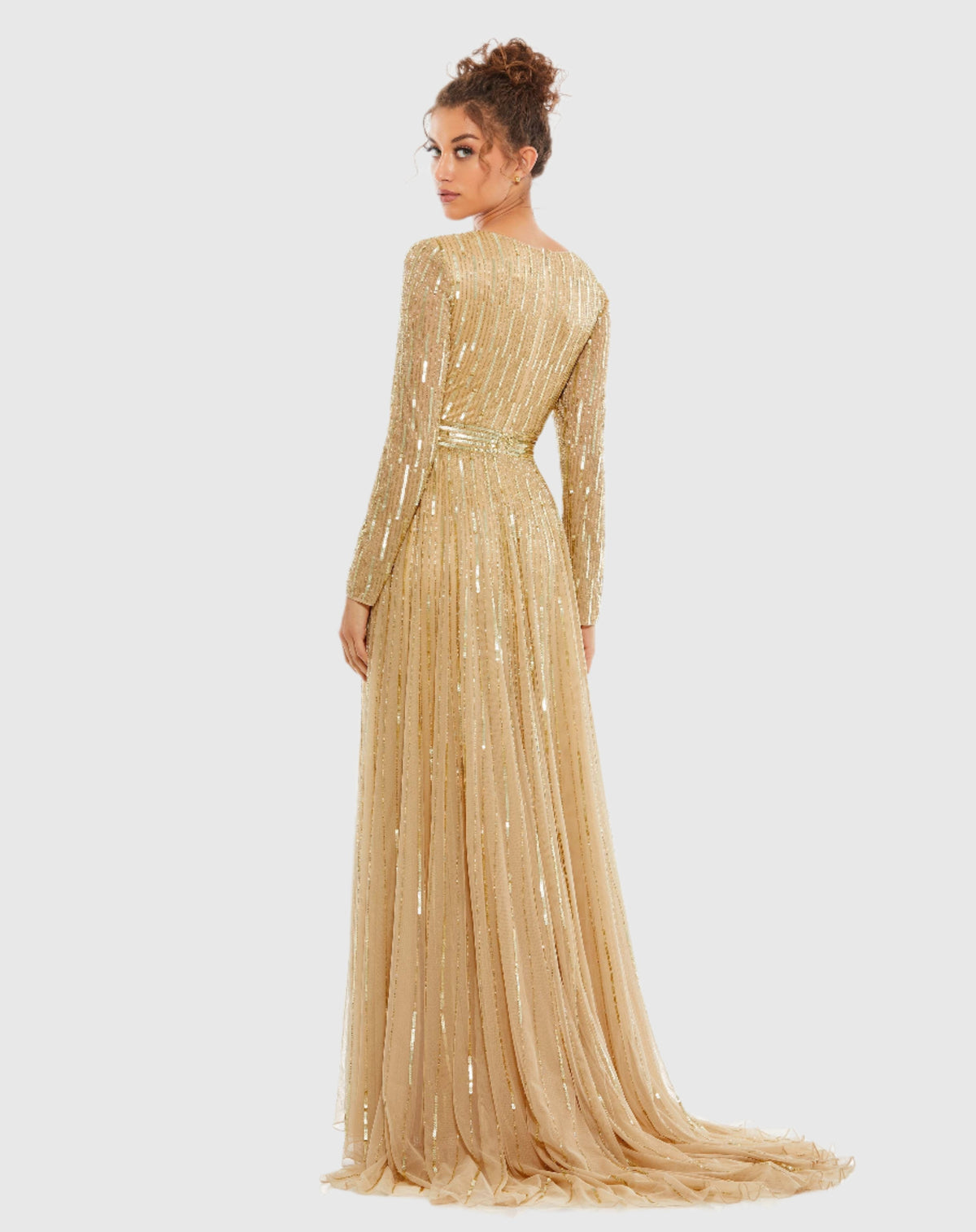 Gold Sequined V Neck Illusion Sleeve A Line Gown