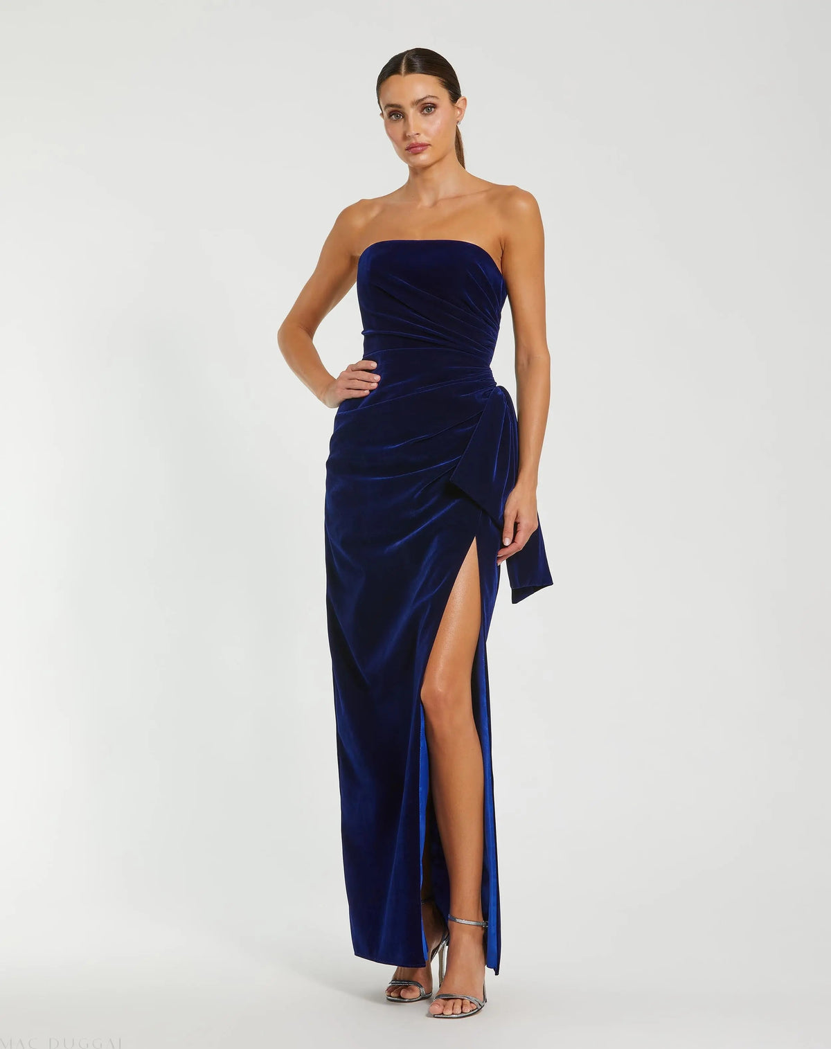 Blue Strapless High Slit Draped Velvet Gown