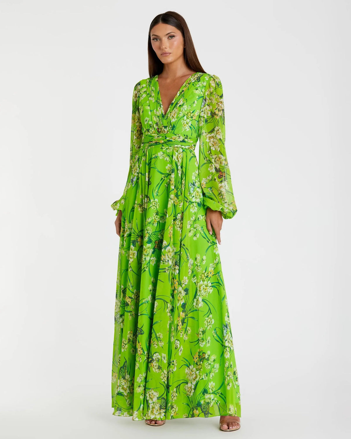 Green Puff Sleeve Floral Chiffon Gown