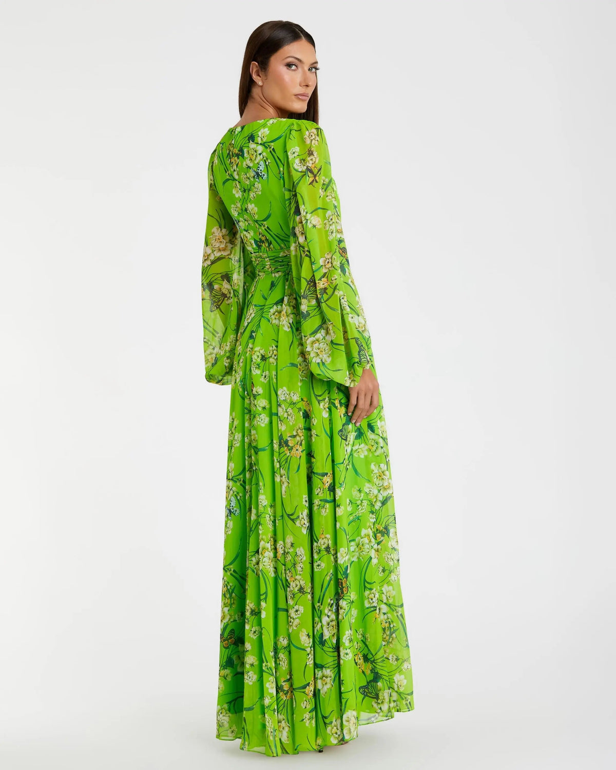 Green Puff Sleeve Floral Chiffon Gown