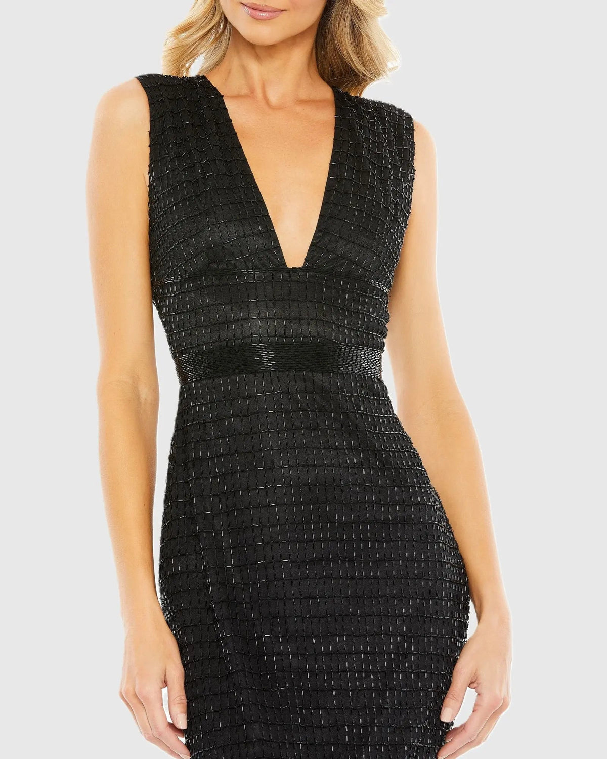 Black Beaded Cap Sleeve V Neck Column Gown