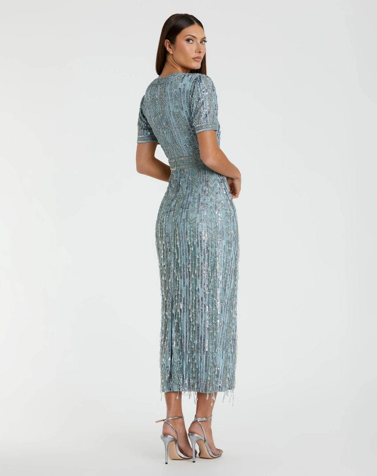 Blue High Neck Short Sleeve Crystal Fringe Sheath Dress