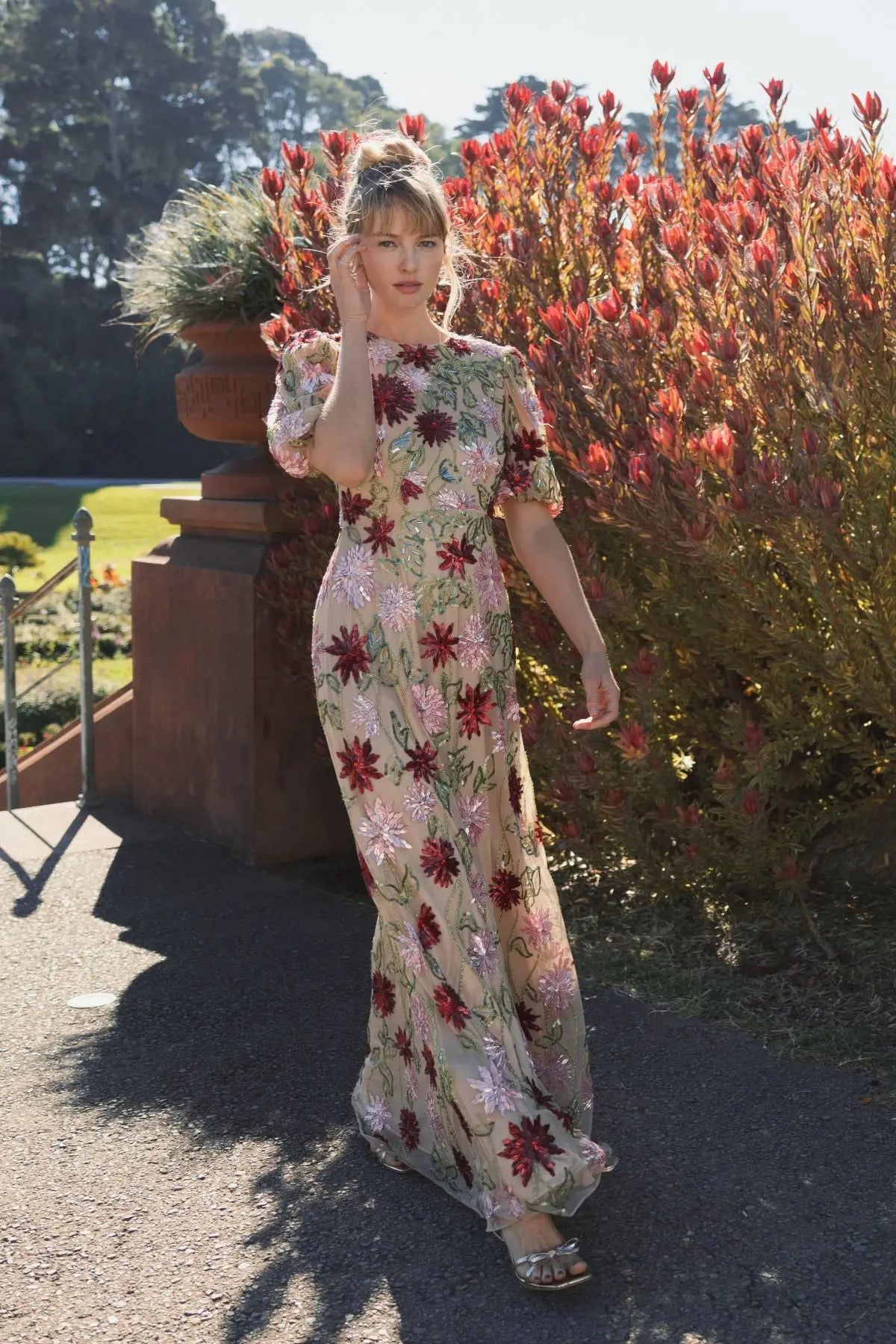 Beige Floral Beaded Mesh Puff Sleeve Gown