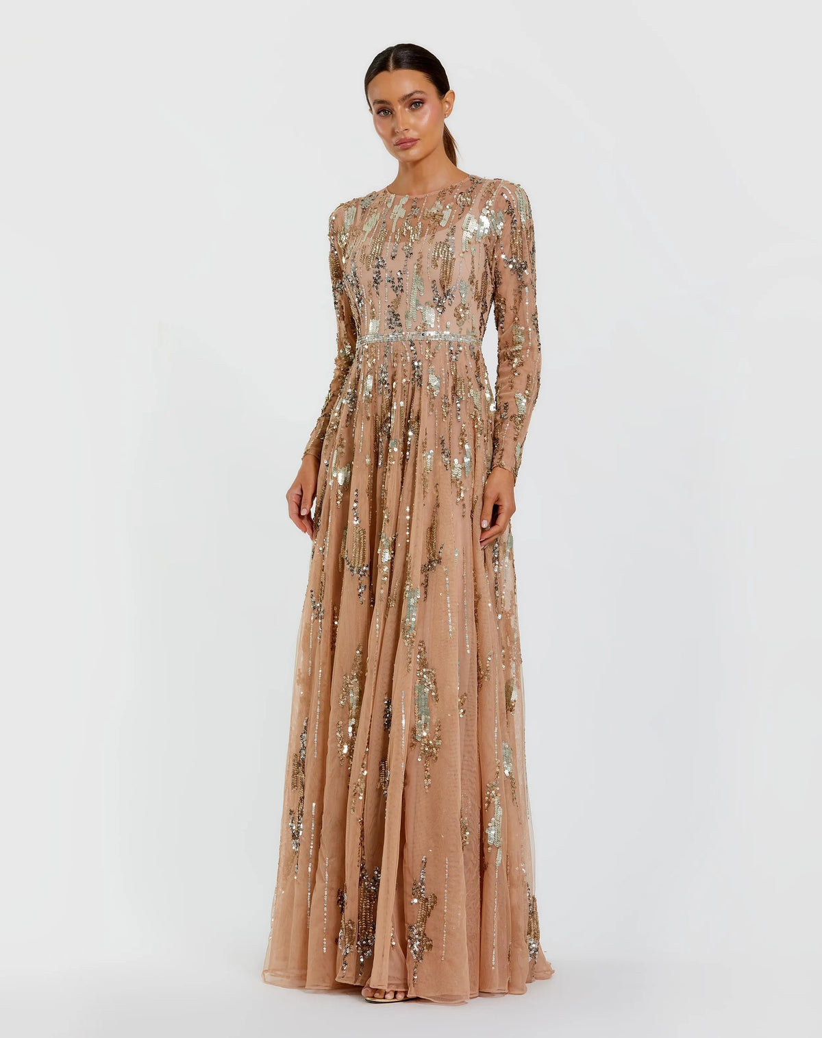 Beige Long Sleeve Sequin Embellished Gown
