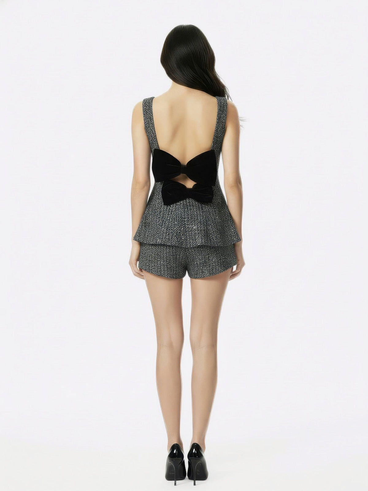 Annabella Textured Woven Black & Silver Bow Top