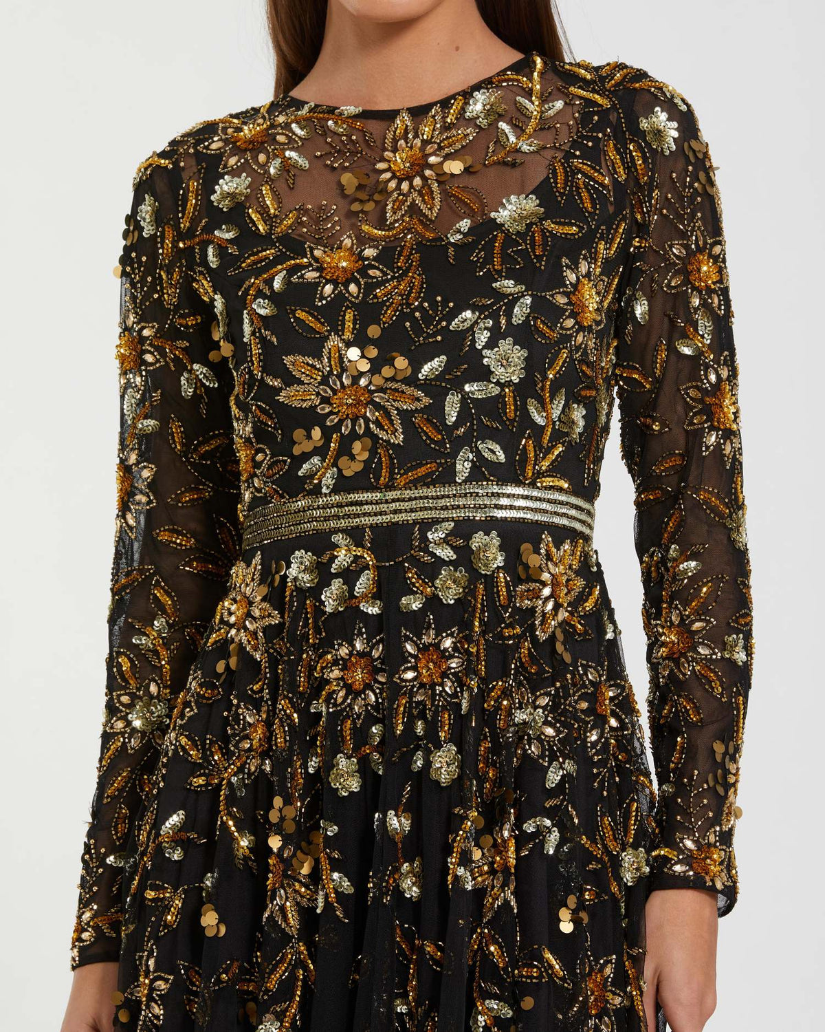 Black Hand Embellished Long Sleeve A Line Gown